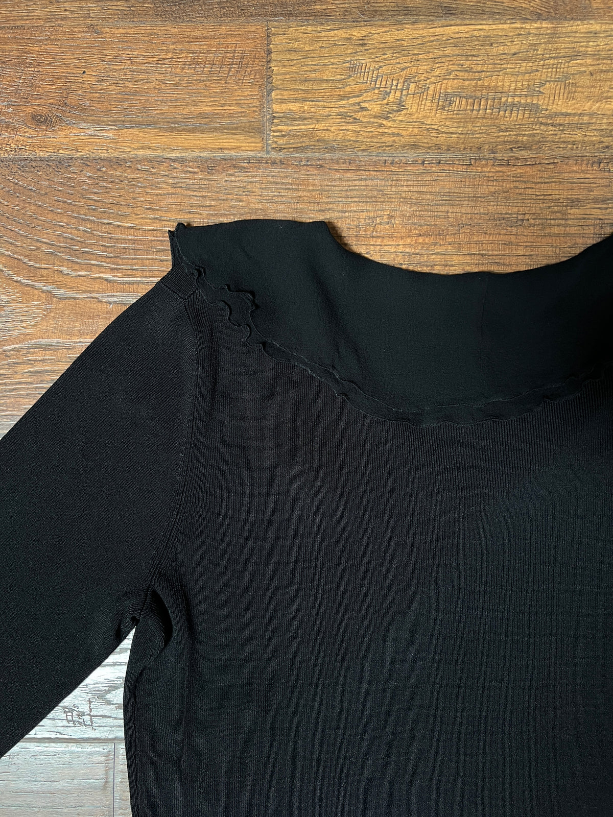 Vintage Cable & Gauge Knit Blouse - Black Ruffle Trim Wrap - Size Large