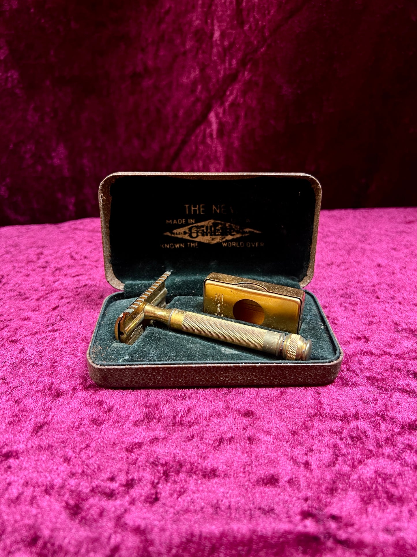 Vintage Gold Tone Brass Safety Razor – Gillette Travel Shaving Set with Case