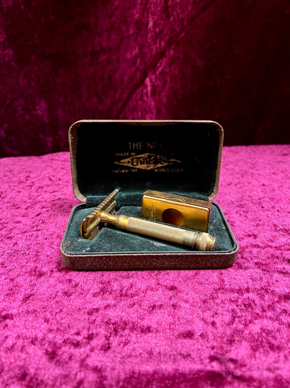 Vintage Gold Tone Brass Safety Razor – Gillette Travel Shaving Set with Case