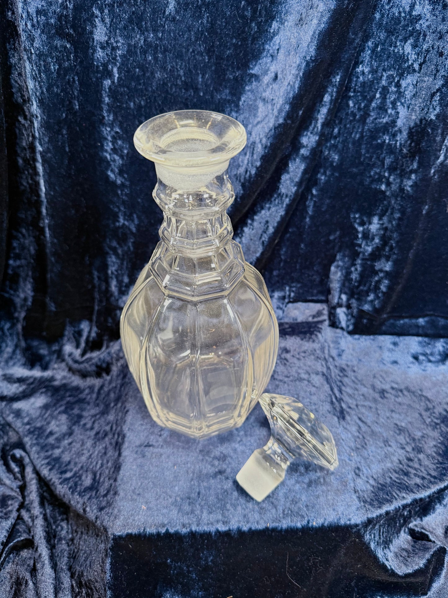 Vintage Clear Glass Liquor Decanter - Paneled Body with Faceted Stopper
