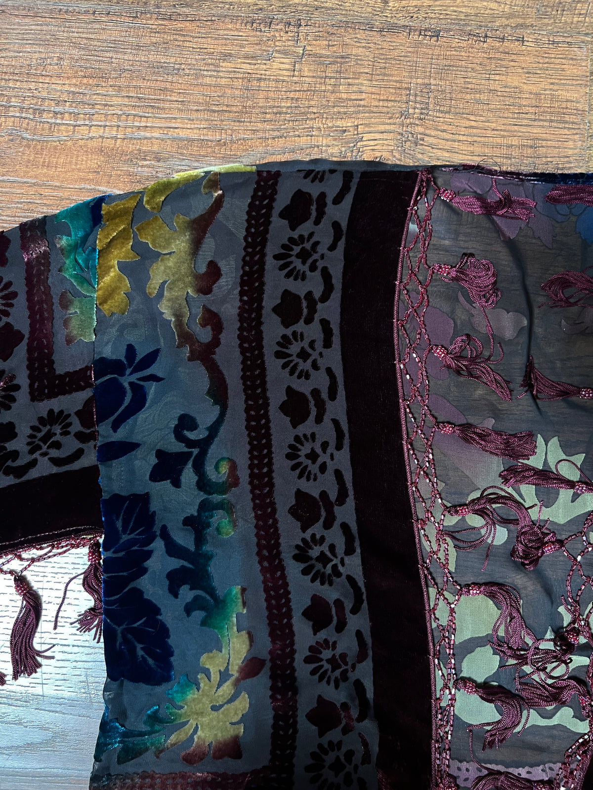 Vintage Velvet Burnout Shawl - Jewel Tone Floral Beaded Fringe Wrap - Size Small