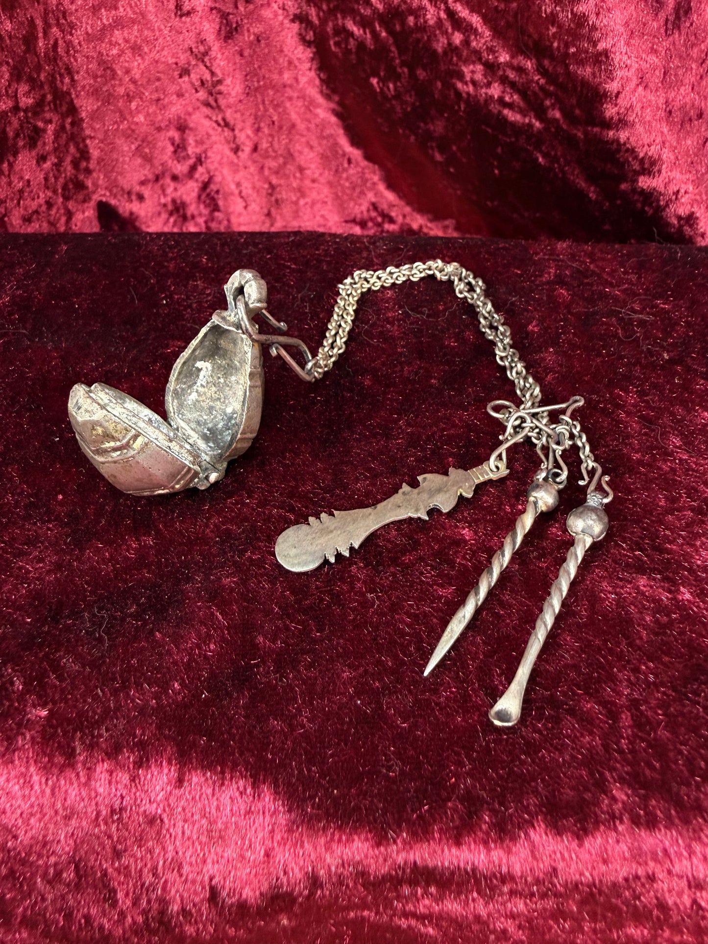 Antique Silver Opium Chatelaine – Flower Topped Picks with Locket Ball - Late Qing Dynasty