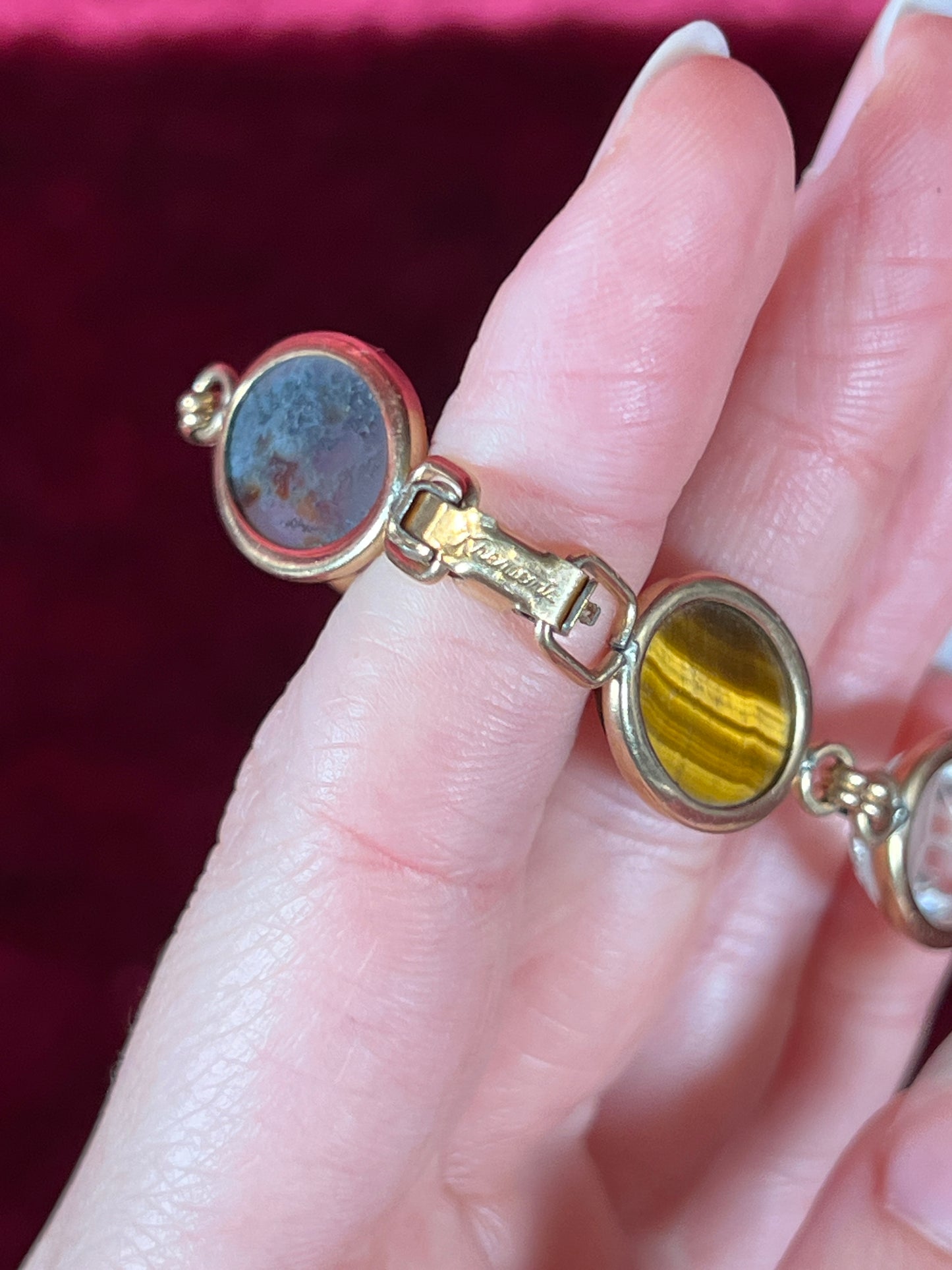 Vintage Jewelry - Bracelet - Gold Tone - Multicolor Carved Scarab Beetles - Krementz - 7"