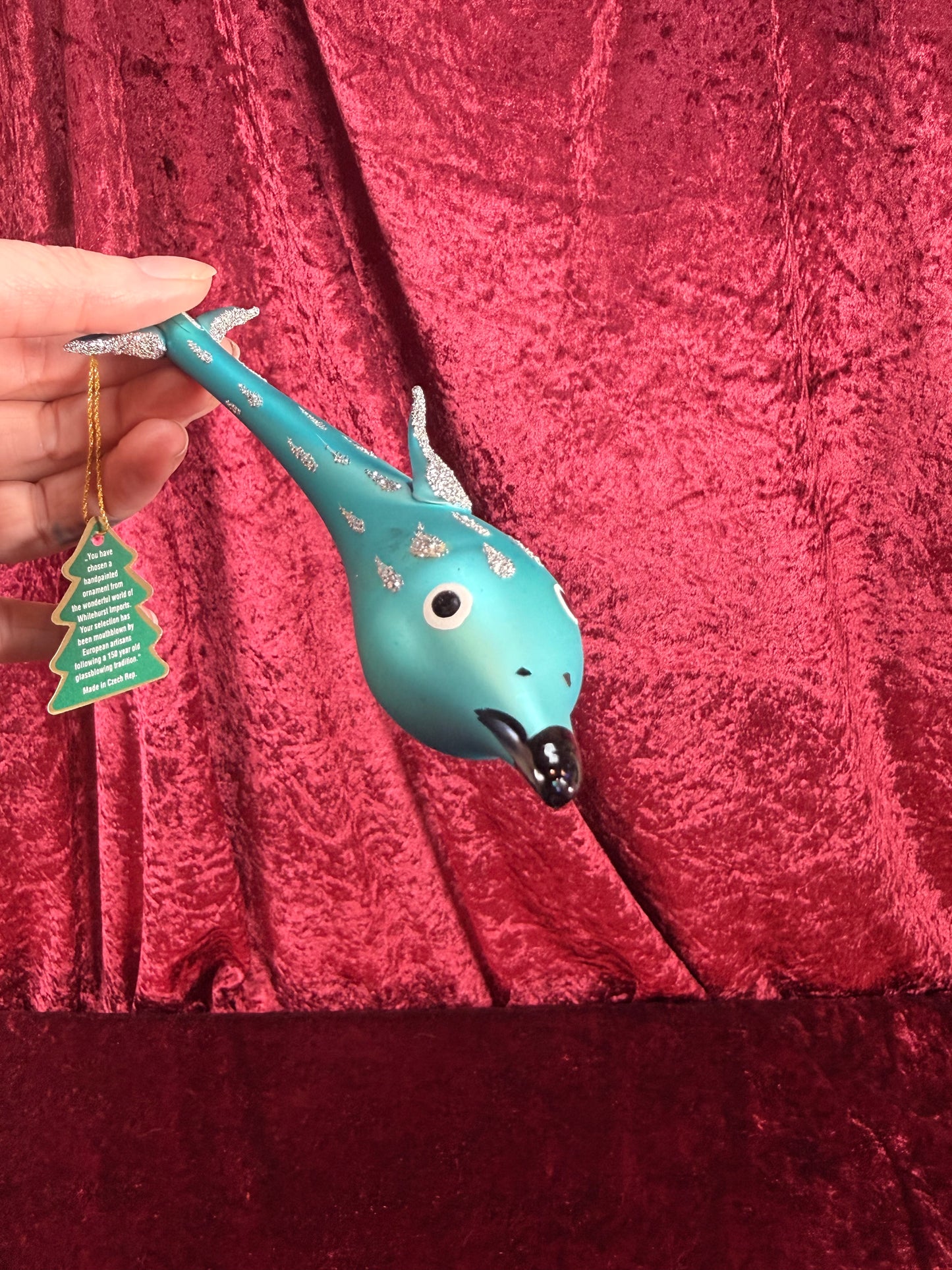 Vintage Christmas - Handblown Glass Ornament - Blue Dolphin with Silver Glitter - Whitehurst Imports