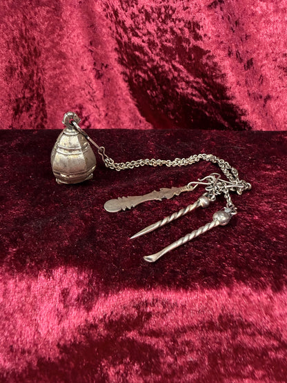 Antique Silver Opium Chatelaine – Flower Topped Picks with Locket Ball - Late Qing Dynasty