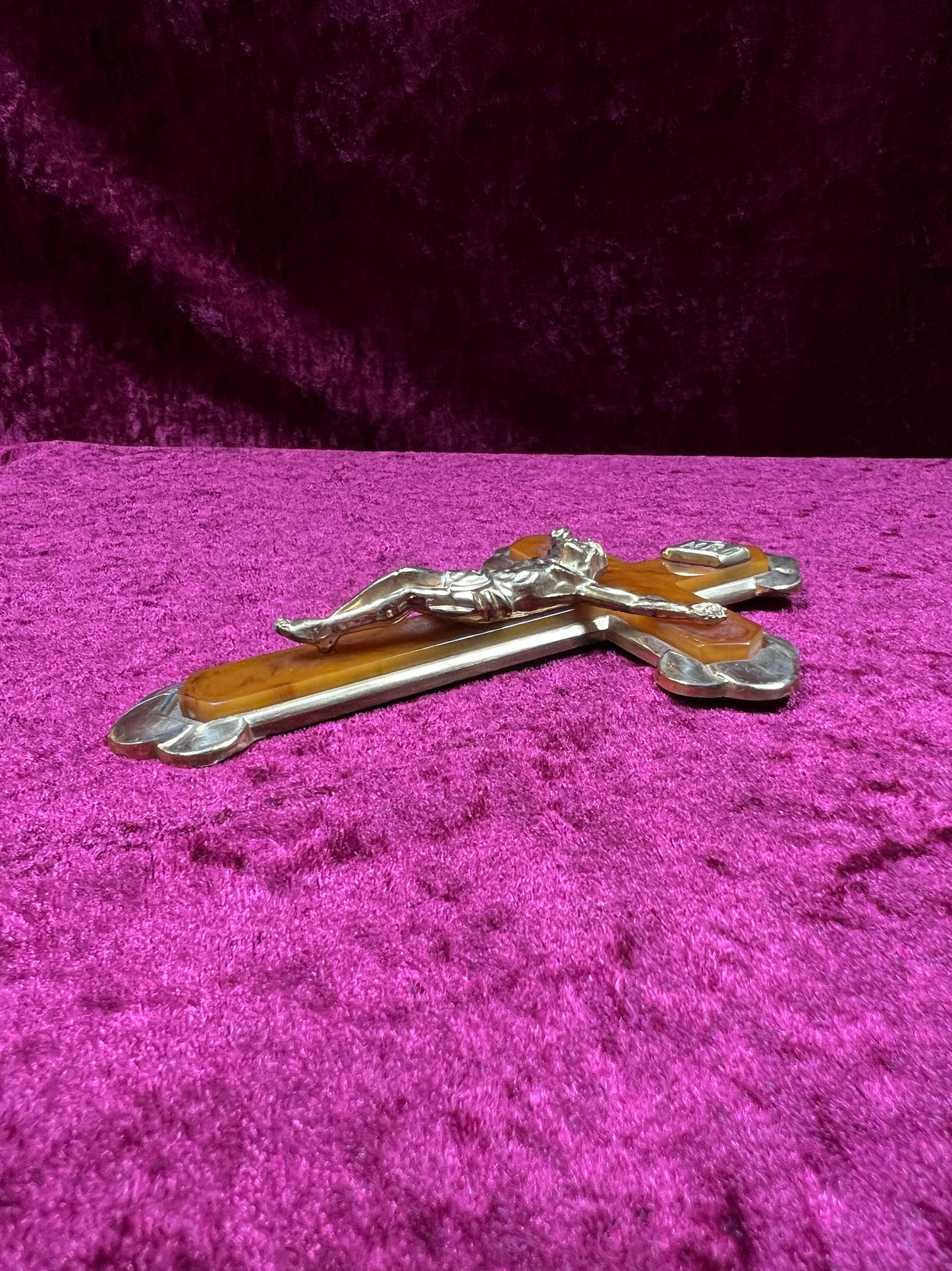 Vintage Brass Crucifix Cross - Marbled Bakelite Inlay Religious Wall Hanging