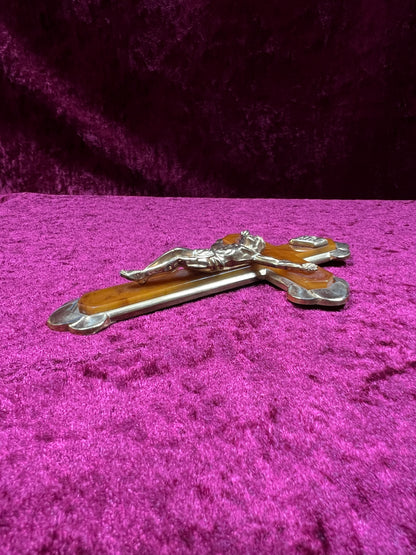 Vintage Brass Crucifix Cross - Marbled Bakelite Inlay Religious Wall Hanging