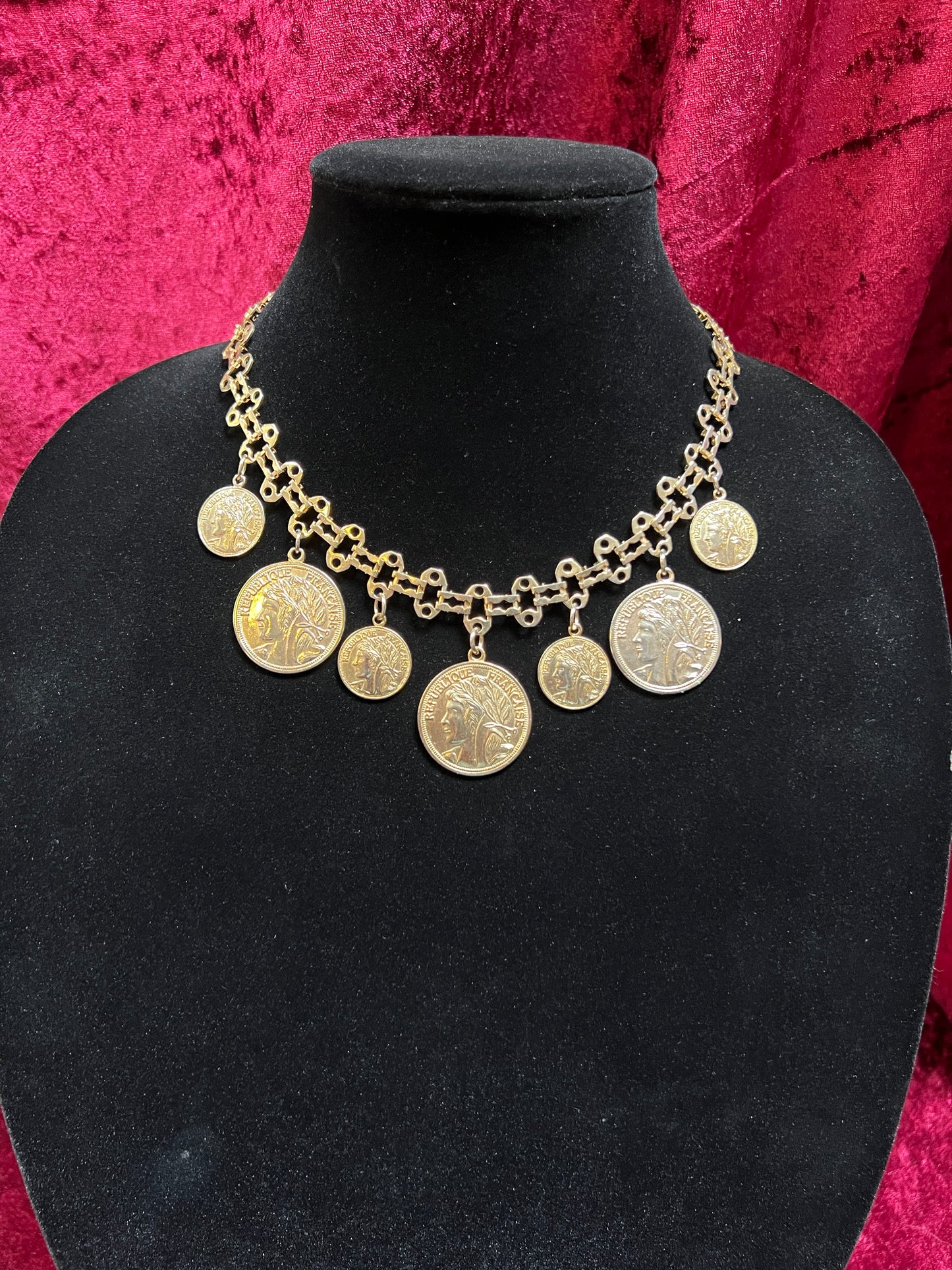 Vintage Jewelry - Reversible Necklace - Gold Tone Republique Francaise Coins - 17.5"