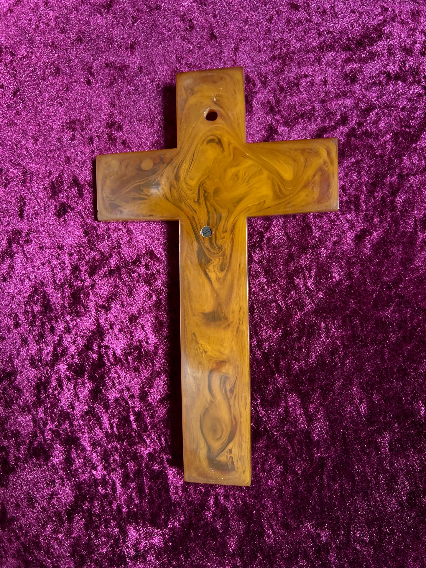 Vintage Bakelite Crucifix Cross - Butterscotch Swirl Rhinestone Religious Wall Hanging