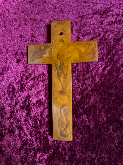 Vintage Bakelite Crucifix Cross - Butterscotch Swirl Rhinestone Religious Wall Hanging