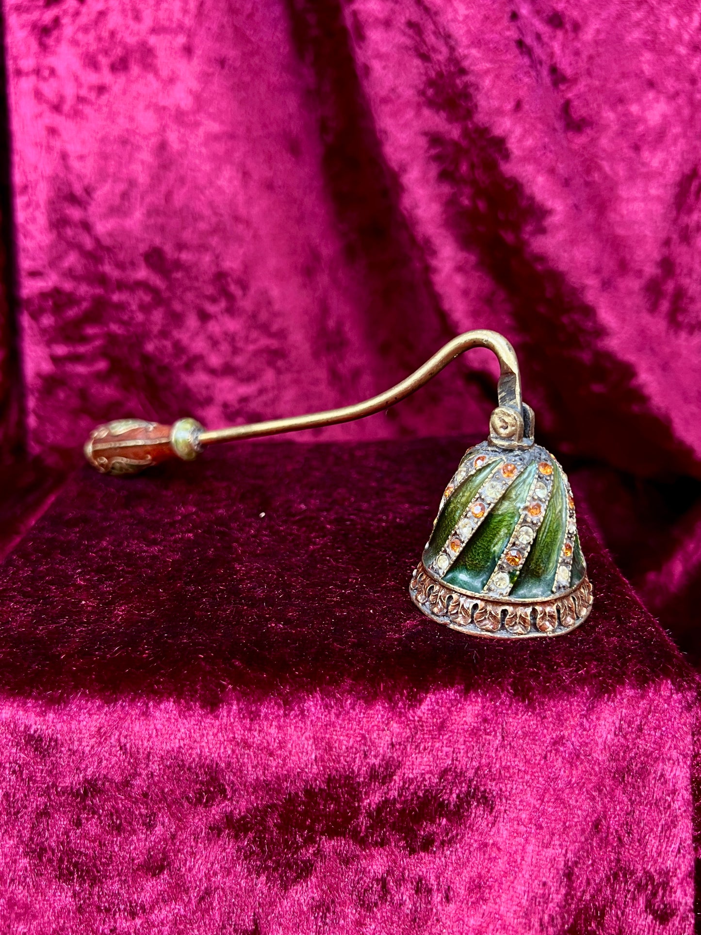 Vintage Brass Enamel Candle Snuffer - Jeweled Green Victorian Revival