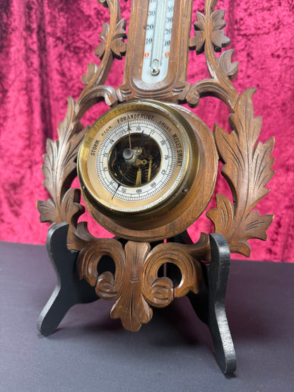 Antique Wall Decor - Hand Carved Dark Wood Thermometer - Black Forest Style - Denmark