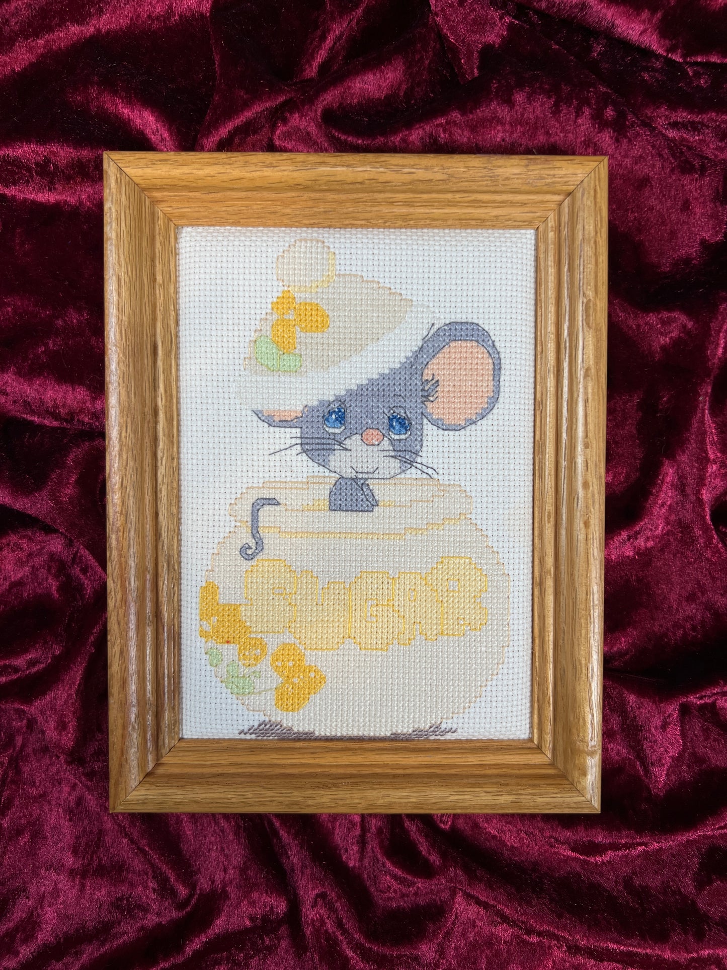 Vintage Needlepoint Wall Art - Mouse in Sugar Jar Framed Cross Stitch