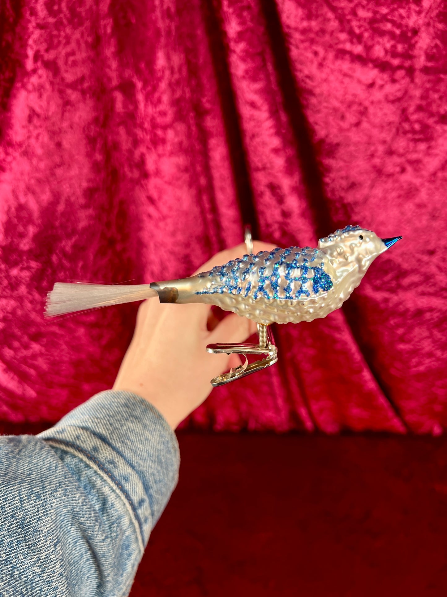Vintage Christmas - Handblown Glass Clip On Ornament - Blue Bird with Nylon Hair Tail