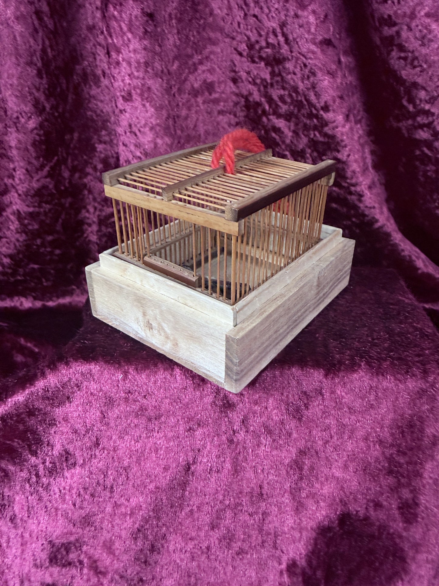 Vintage Wooden Cricket Cage - Chinese Folk Art Miniature with Cricket