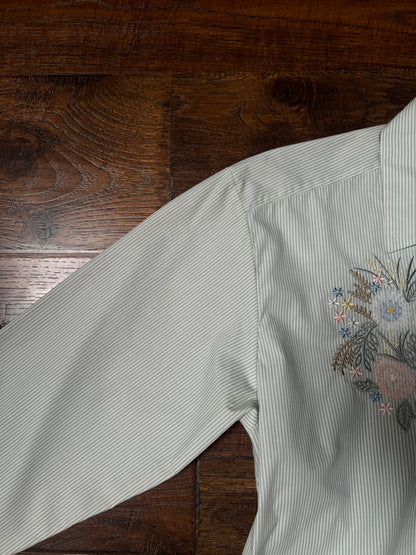 Vintage Koret Francisca Cotton Blend Blouse – Green Pinstripe Floral Embroidery – Medium