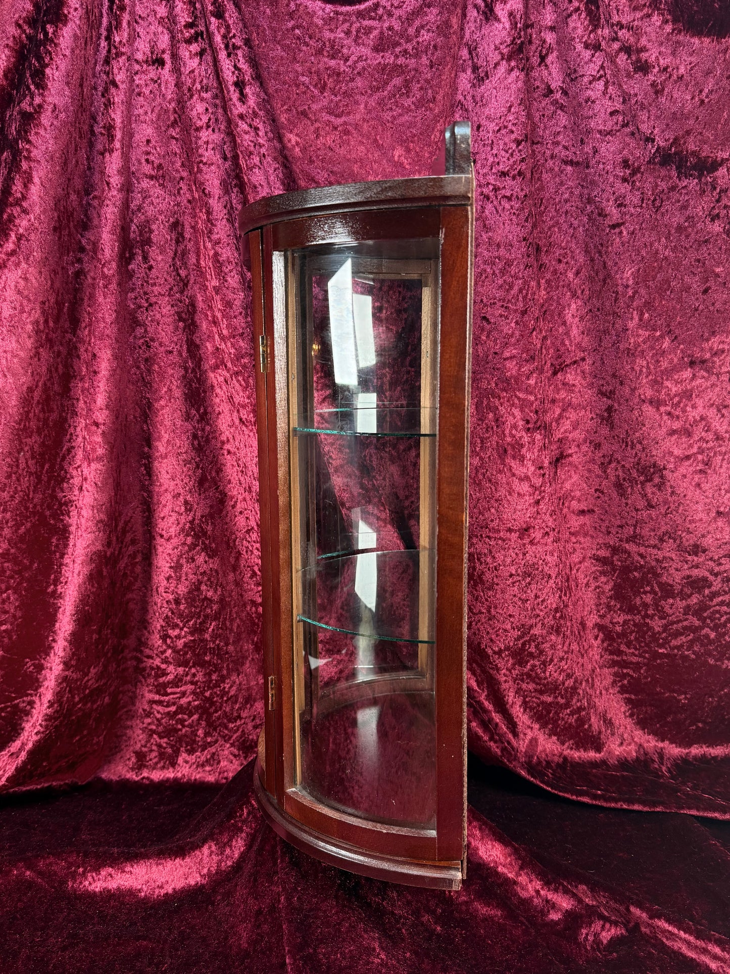 Vintage Curio Cabinet - Table Top Wood Curved Glass Cabinet - Mirrored Back - Glass Shelves - 20" Tall