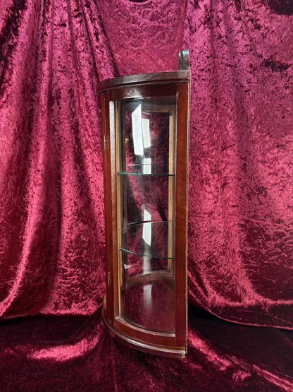 Vintage Curio Cabinet - Table Top Wood Curved Glass Cabinet - Mirrored Back - Glass Shelves - 20" Tall