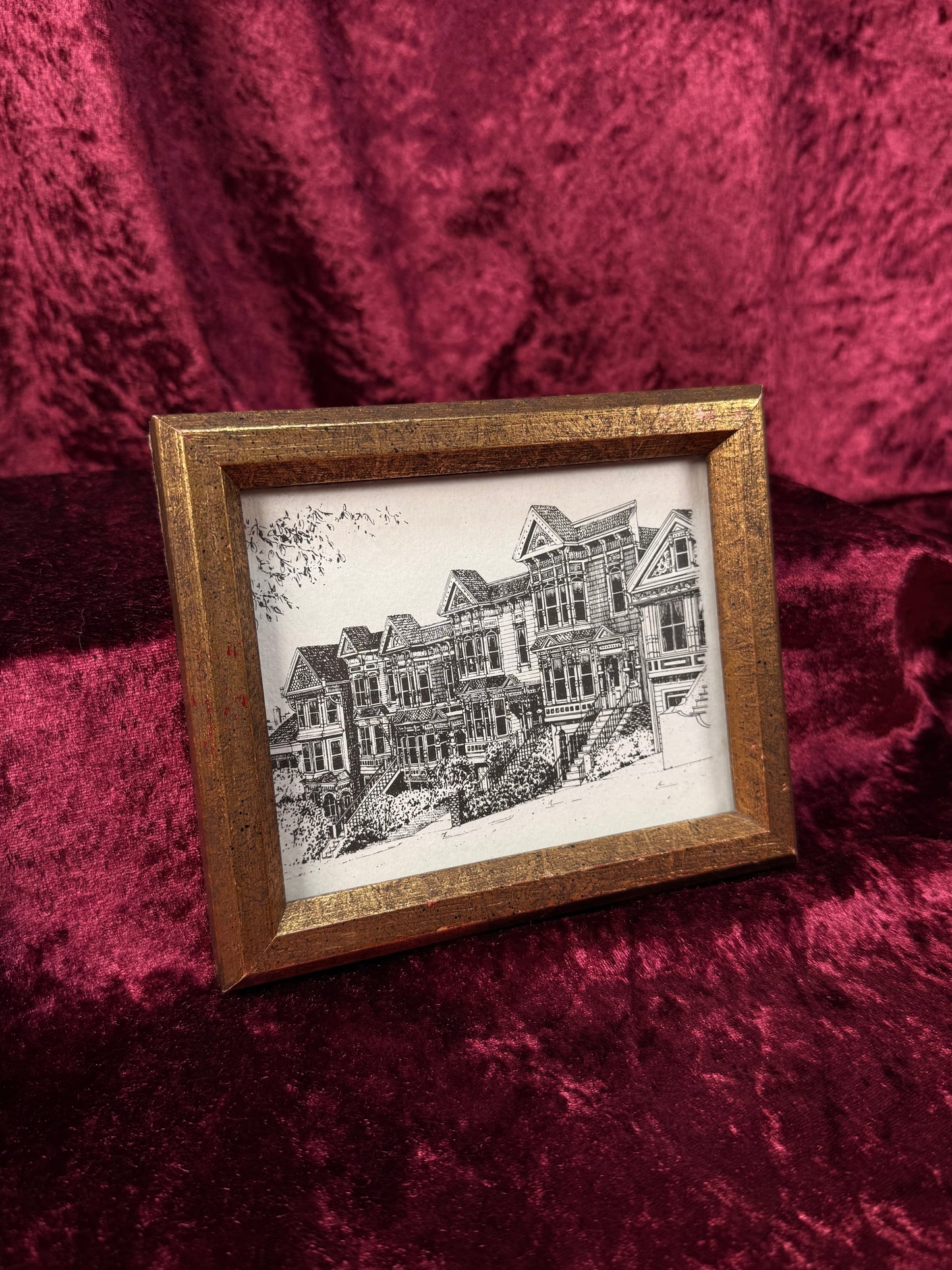Vintage Framed Ink Drawing Print – Painted Ladies of San Francisco On A Victorian Street