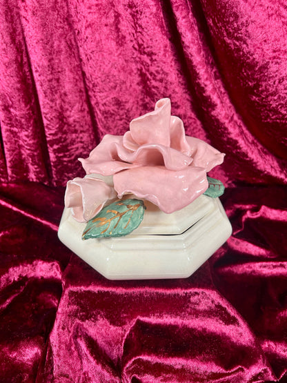 Vintage Trinket Dish - Ceramic - Giant Pink Rose - Chipped