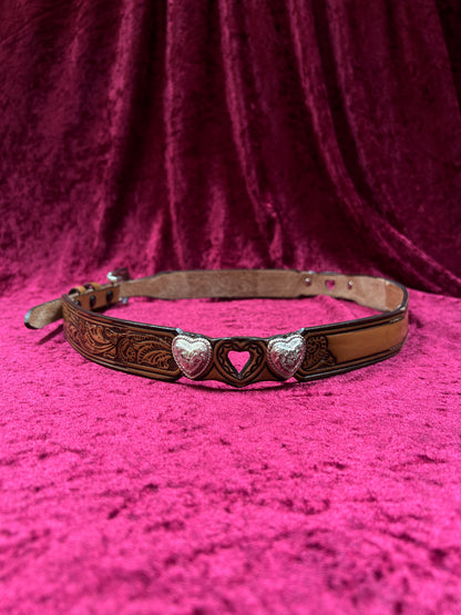 Vintage Nocona Leather Western Belt - Tooled Heart Cutout Silver Concho Belt USA Made - 34-37.75"