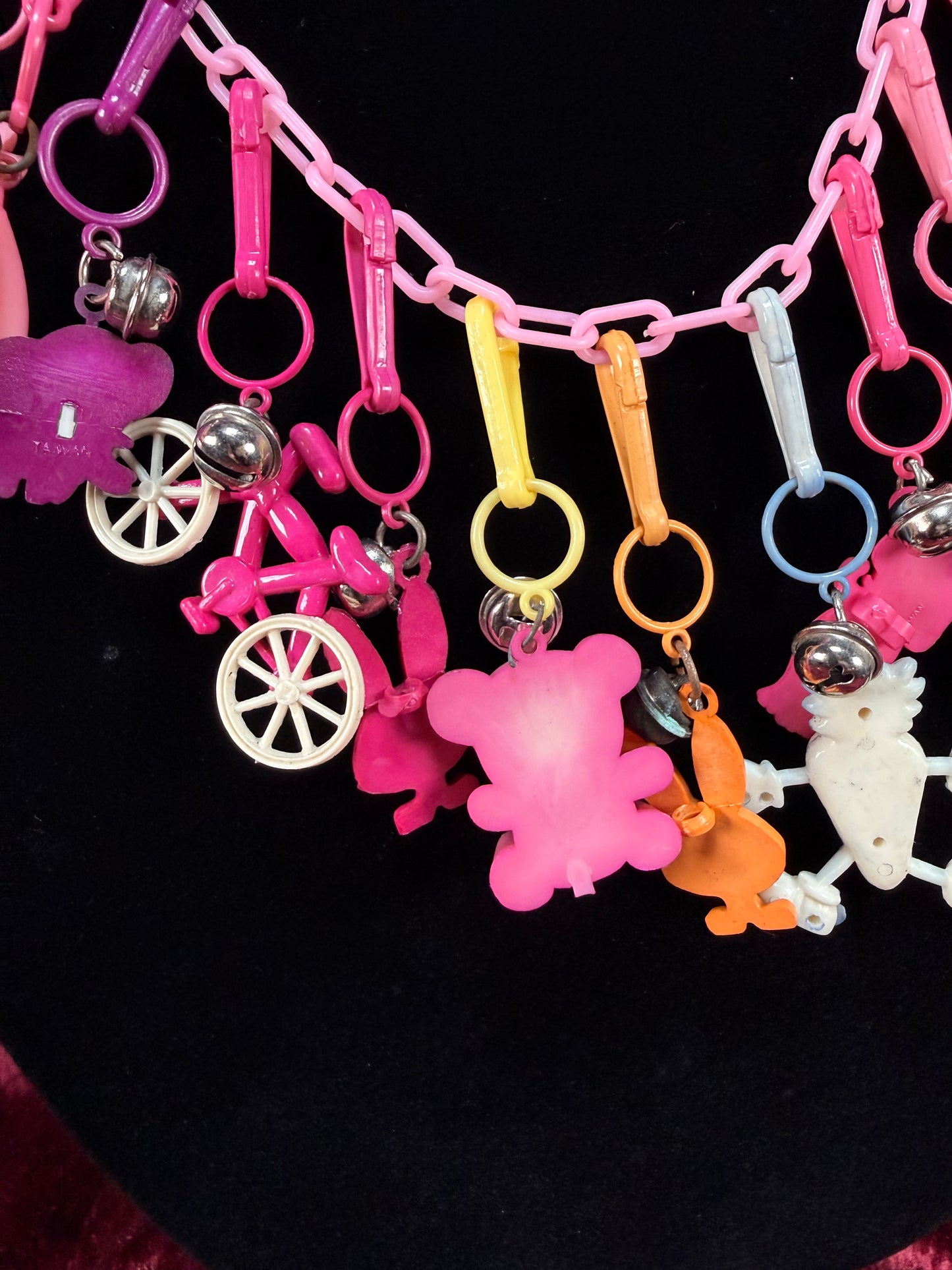 Vintage 1980s Plastic Chain Charm Necklace - 12 Bell / Googly Eyes Charms - Pink & Purple