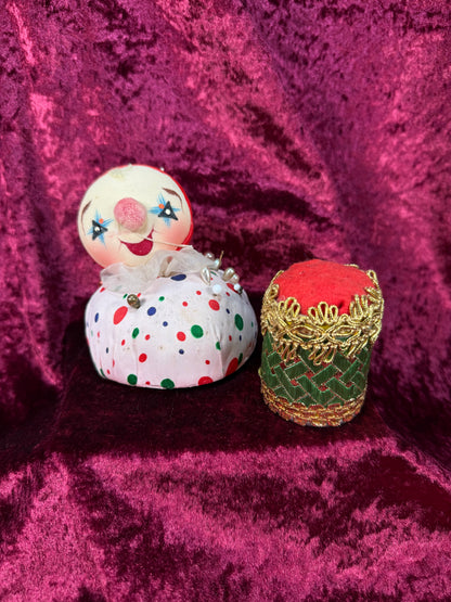 Vintage Pin Cushion Set – Mid Century Jester Clown and Drum - Tape Measure Nose