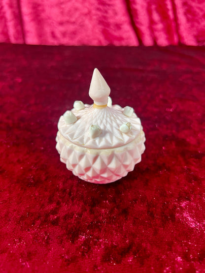 Vintage Trinket Box - Miniature Porcelain Lidded Jar - Baby Pink with Rosettes - Made In Japan