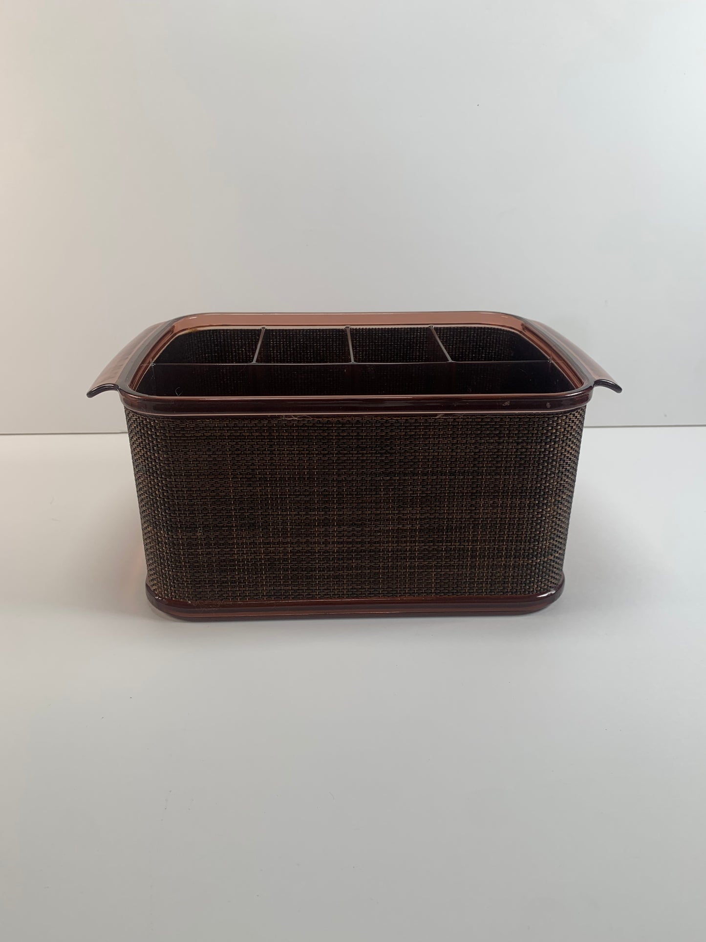 Vintage Desktop Organizer - Brown Wicker and Plastic