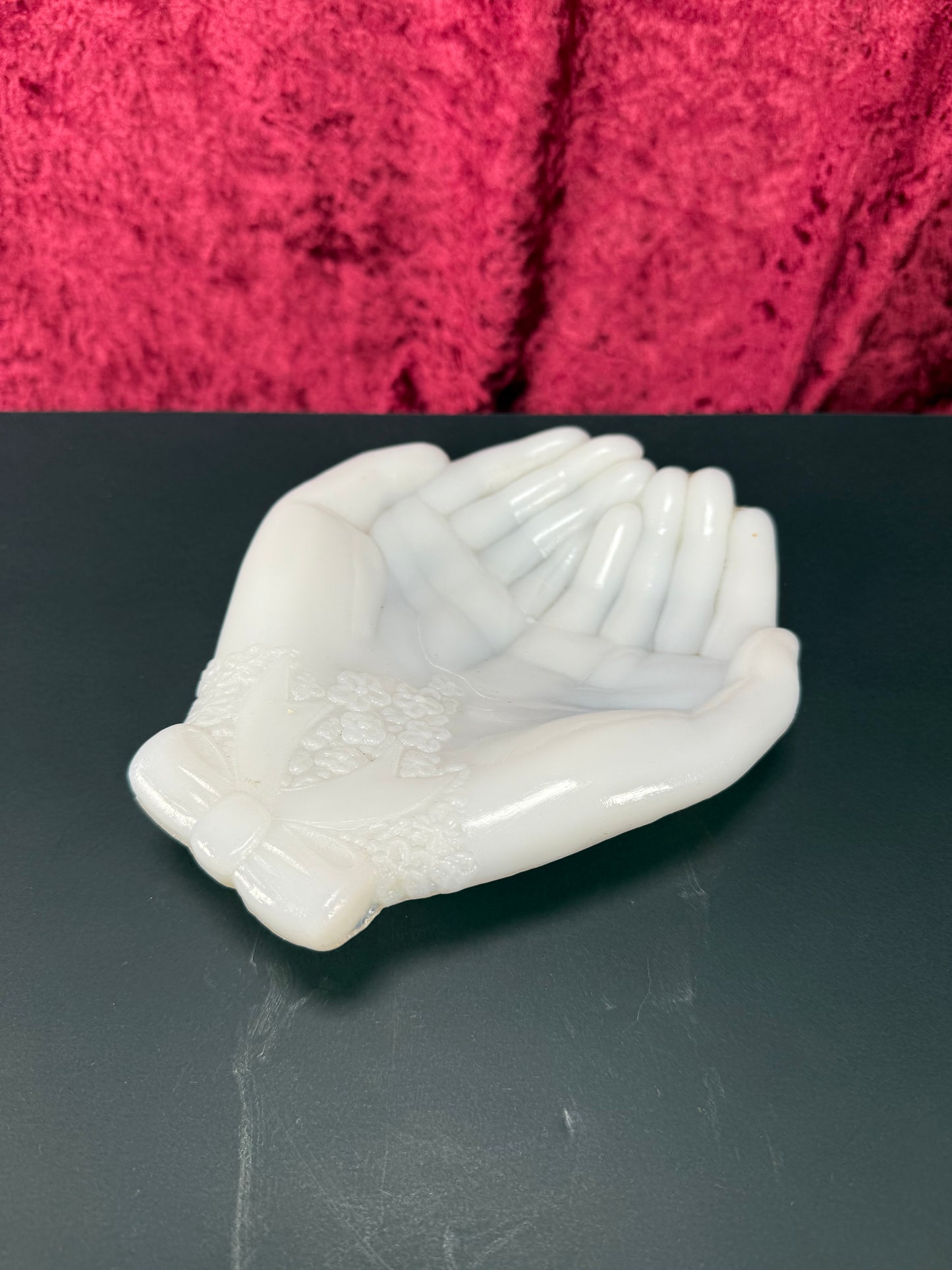 Vintage Trinket Dish - Cupped Open Hands - White Milk Glass - Avon