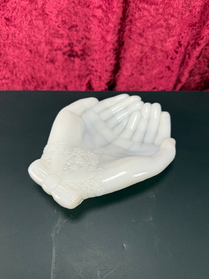 Vintage Trinket Dish - Cupped Open Hands - White Milk Glass - Avon