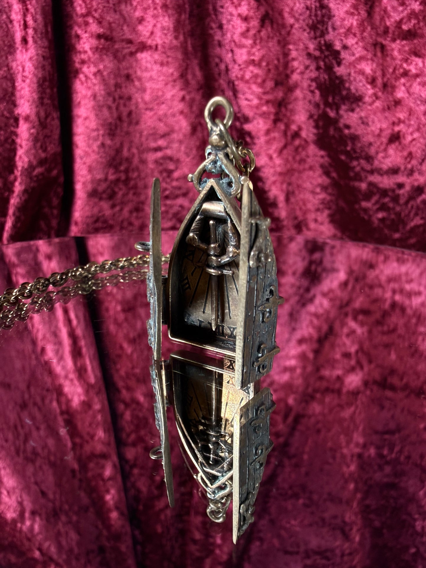 Vintage Jewelry - Brass Gothic Locket - Hinged Doors with Sword Against Time