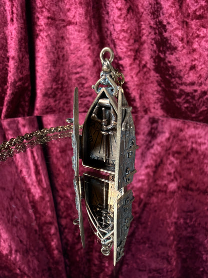 Vintage Jewelry - Brass Gothic Locket - Hinged Doors with Sword Against Time