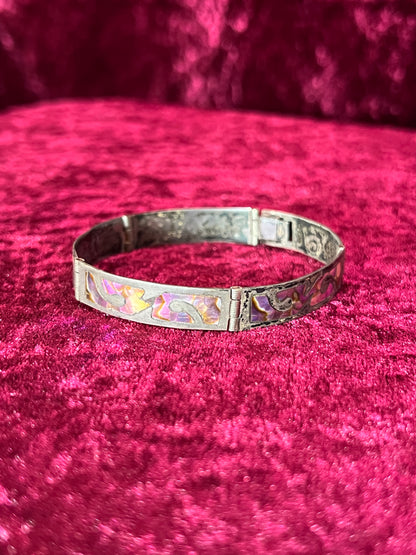Vintage Jewelry - Bangle Bracelet - Sterling Silver - Inlaid Abalone Shell Panels - Mexico