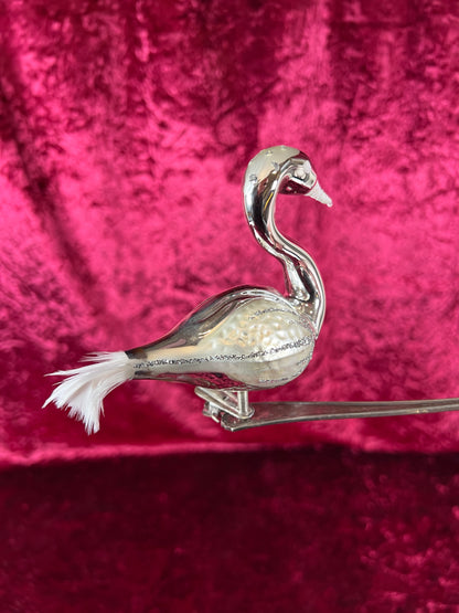 Vintage Christmas - Glass Clip-On Ornament - Silver Swan with Feather Tail