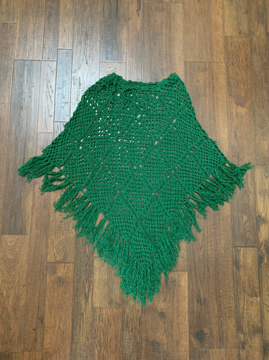 Vintage Oversized Crochet Shawl with Fringe - Forest Green