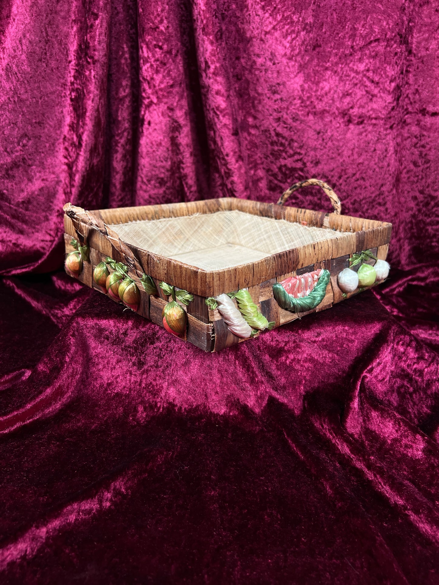 Vintage Raffia Serving Basket - Handwoven Fruit Basket Centerpiece