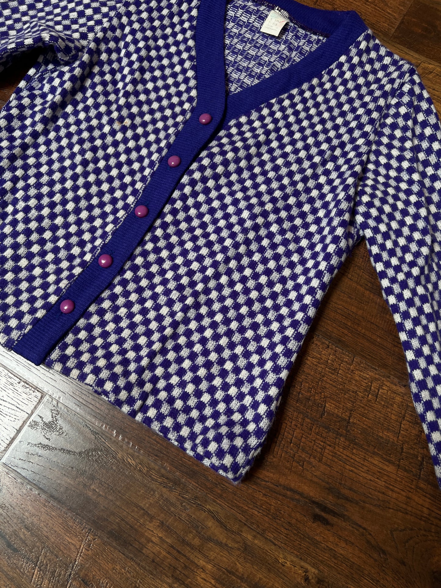 Vintage Acrylic Cardigan - Purple White Checkered Knit Button Front Sweater - Small