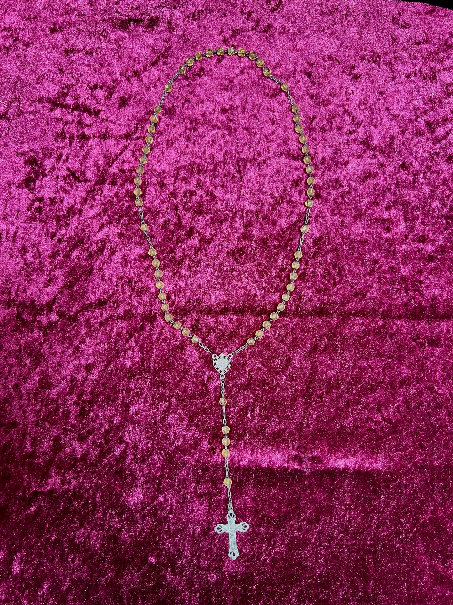 Vintage Jewelry - Rosary Beads - Faceted Amber Beads - Silver Tone Cross - 13.75"
