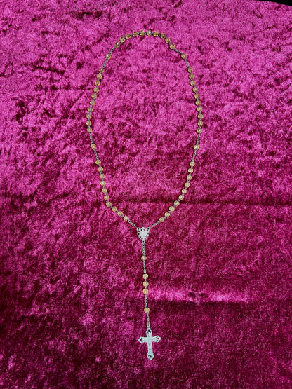 Vintage Jewelry - Rosary Beads - Faceted Amber Beads - Silver Tone Cross - 13.75"