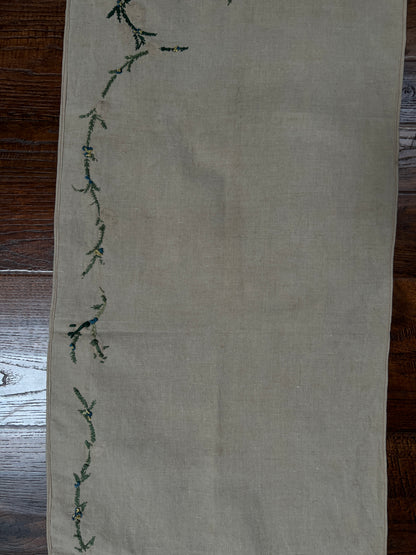Vintage Rectangular Linen Table Runner - Hand Embroidered Puffy Pink Rosebud Vine