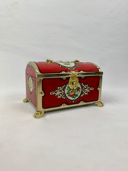 Vintage Blue Bird Confectionery Locking Treasure Box Tin with Lock & Key - Red & Gold Florals