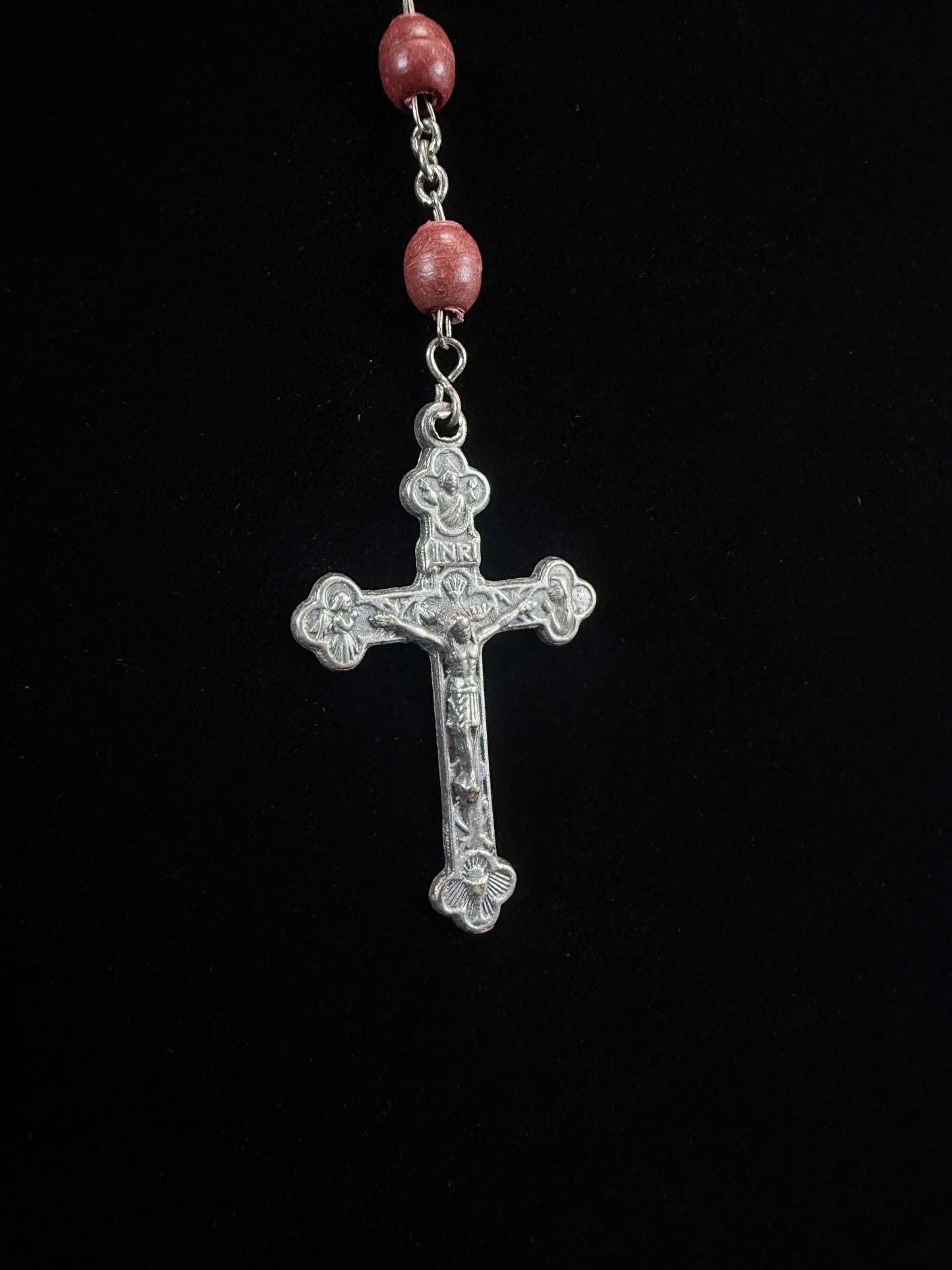 Vintage Wood Bead Catholic Rosary - Red Stained Beads with Ornate Crucifix