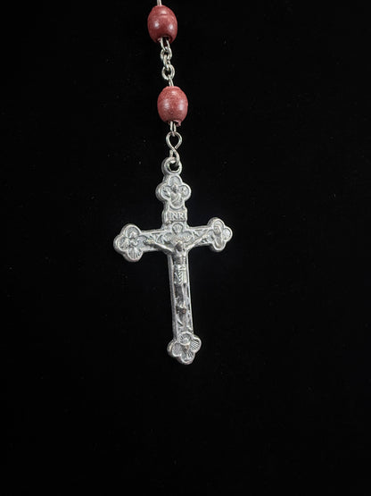 Vintage Wood Bead Catholic Rosary - Red Stained Beads with Ornate Crucifix