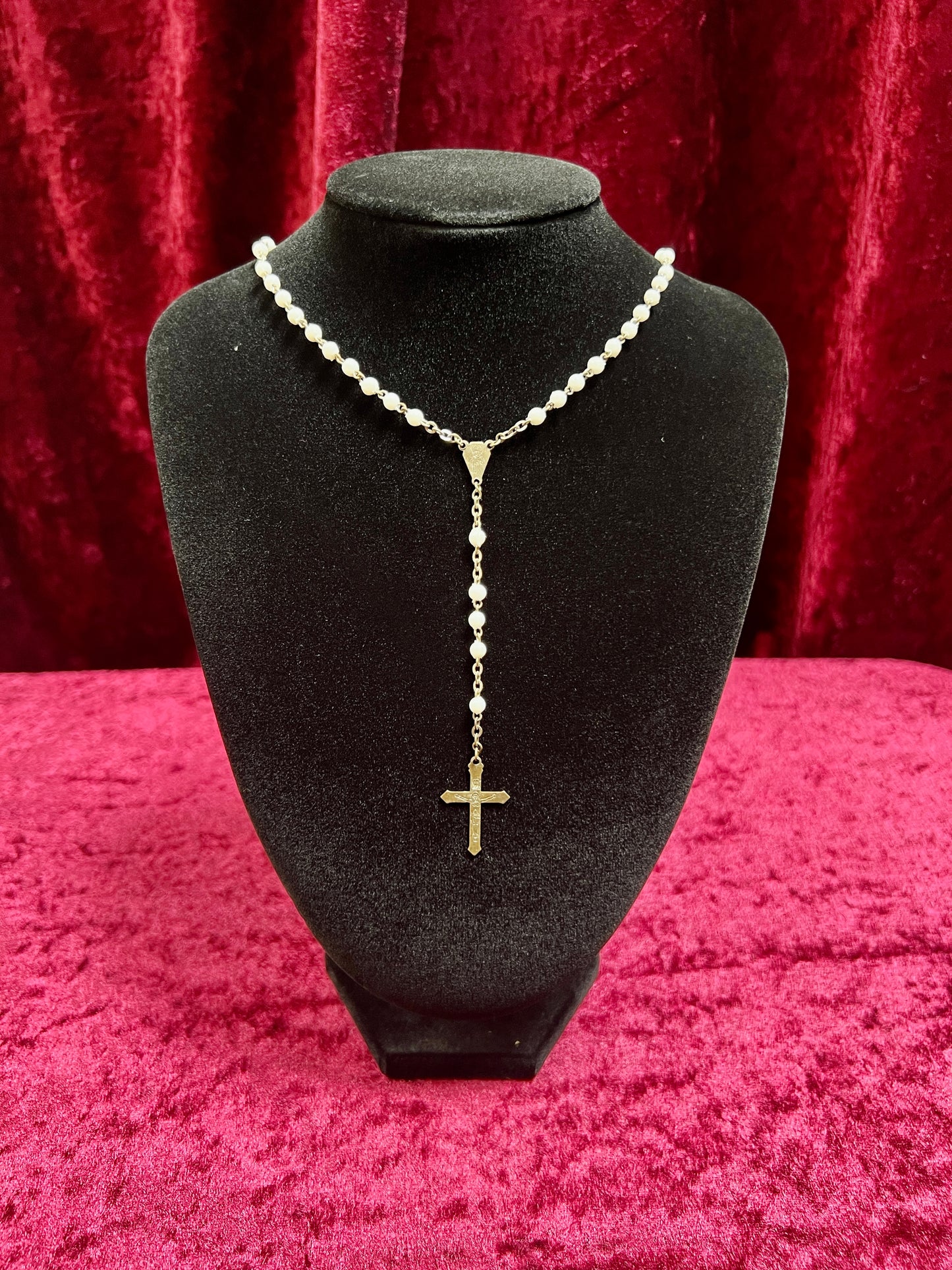 Vintage Jewelry - Rosary Beads - Shiny White Beads - Brass Tone Cross - 12.75"