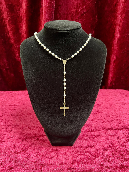 Vintage Jewelry - Rosary Beads - Shiny White Beads - Brass Tone Cross - 12.75"