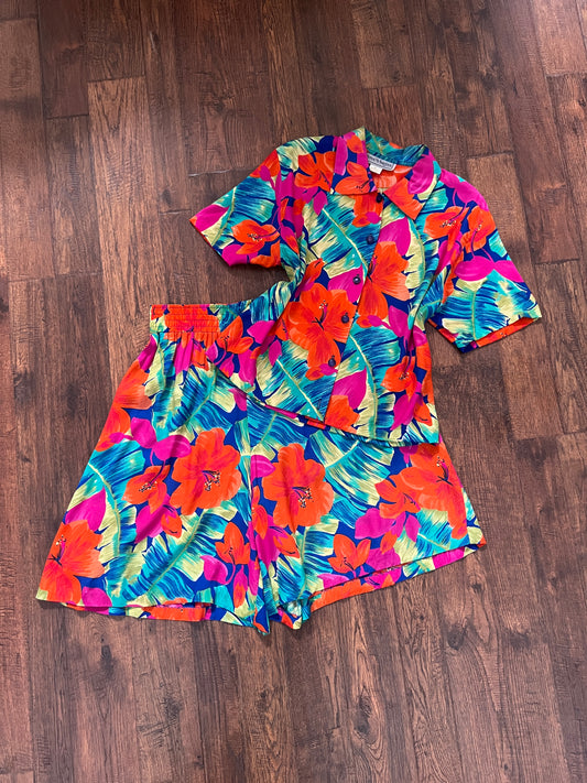 Vintage Norton McNaughton Tropical Two Piece Set - Bright Hawaiian Florals - Medium