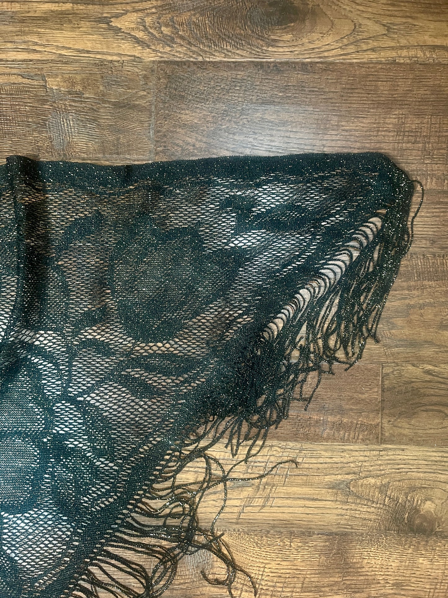 Vintage Metallic Net Shawl - Black Gold Floral Lace Fringe Triangle Wrap