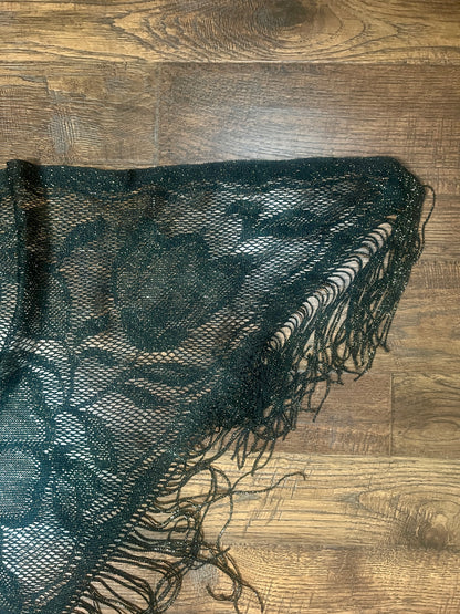 Vintage Metallic Net Shawl - Black Gold Floral Lace Fringe Triangle Wrap