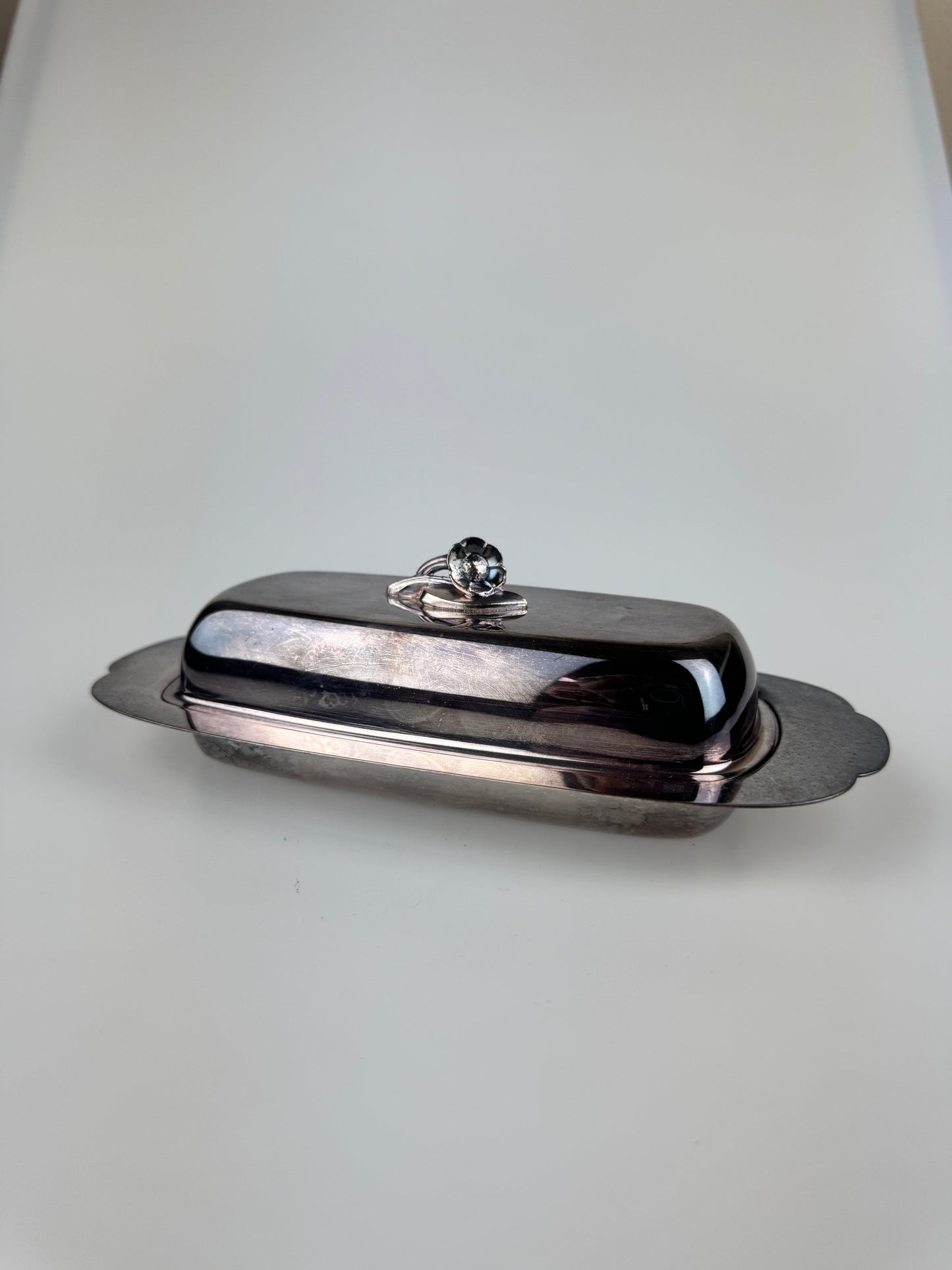 Oneida Quarter Pound Silverplate Butter Dish Raised Flower Lid w Crystal Insert